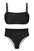 Carica l'immagine nel visualizzatore di Gallery, Product Front: Rio De Sol Ensemble Set Shimmer-Black Bandeau-Reto Hotpants