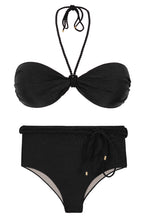 Laden Sie das Bild in den Galerie-Viewer, Product Front: Rio De Sol Ensemble Set Shimmer-Black Twist Belted-High-Waist